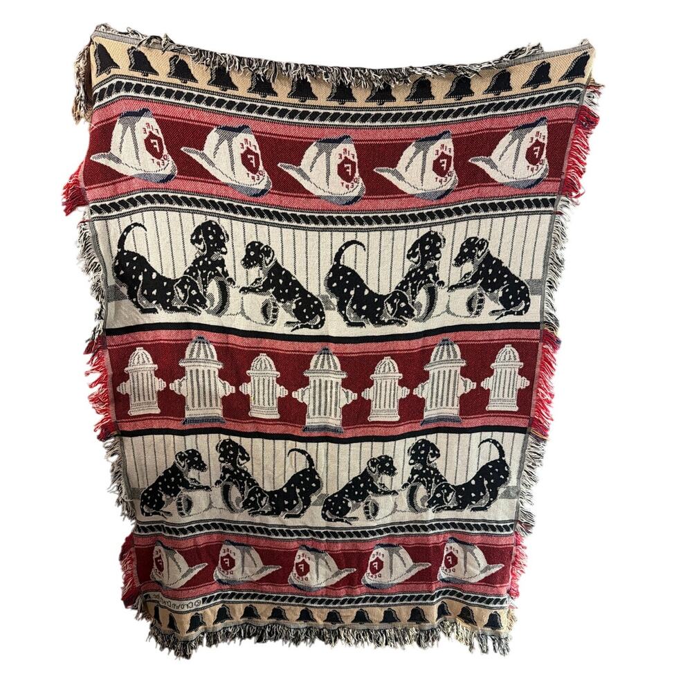 Vintage Crown Crafts Dalmatian Dog Fireman Hydrant Bell Tapestry Blanket Throw